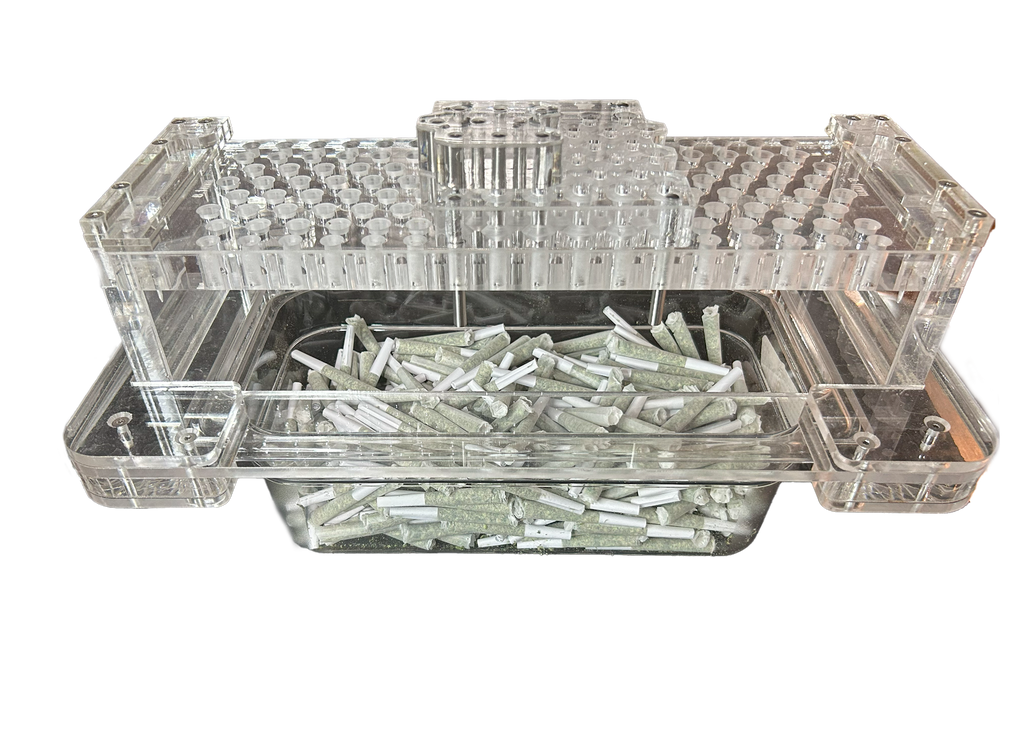 GC Pre-Roll Crimper loaded with finished pre-rolls over its catch container